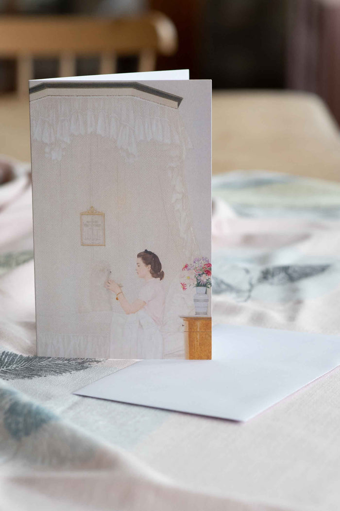 Sylvie card with illustration of woman and dog.
