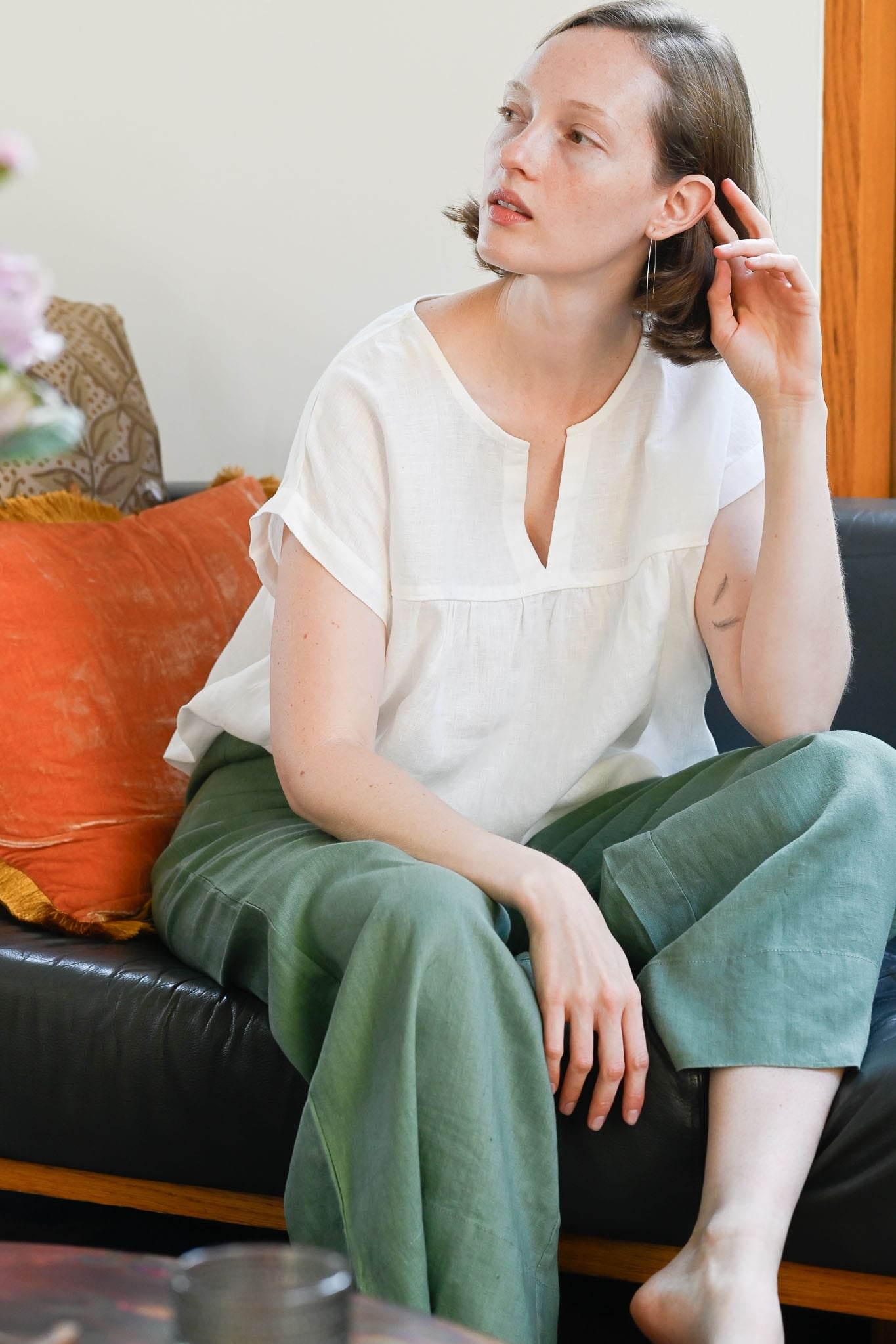 julia white linen top and ollie wide leg pants
