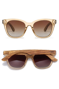 Sunnies with brown gradient lenses and wooden arms