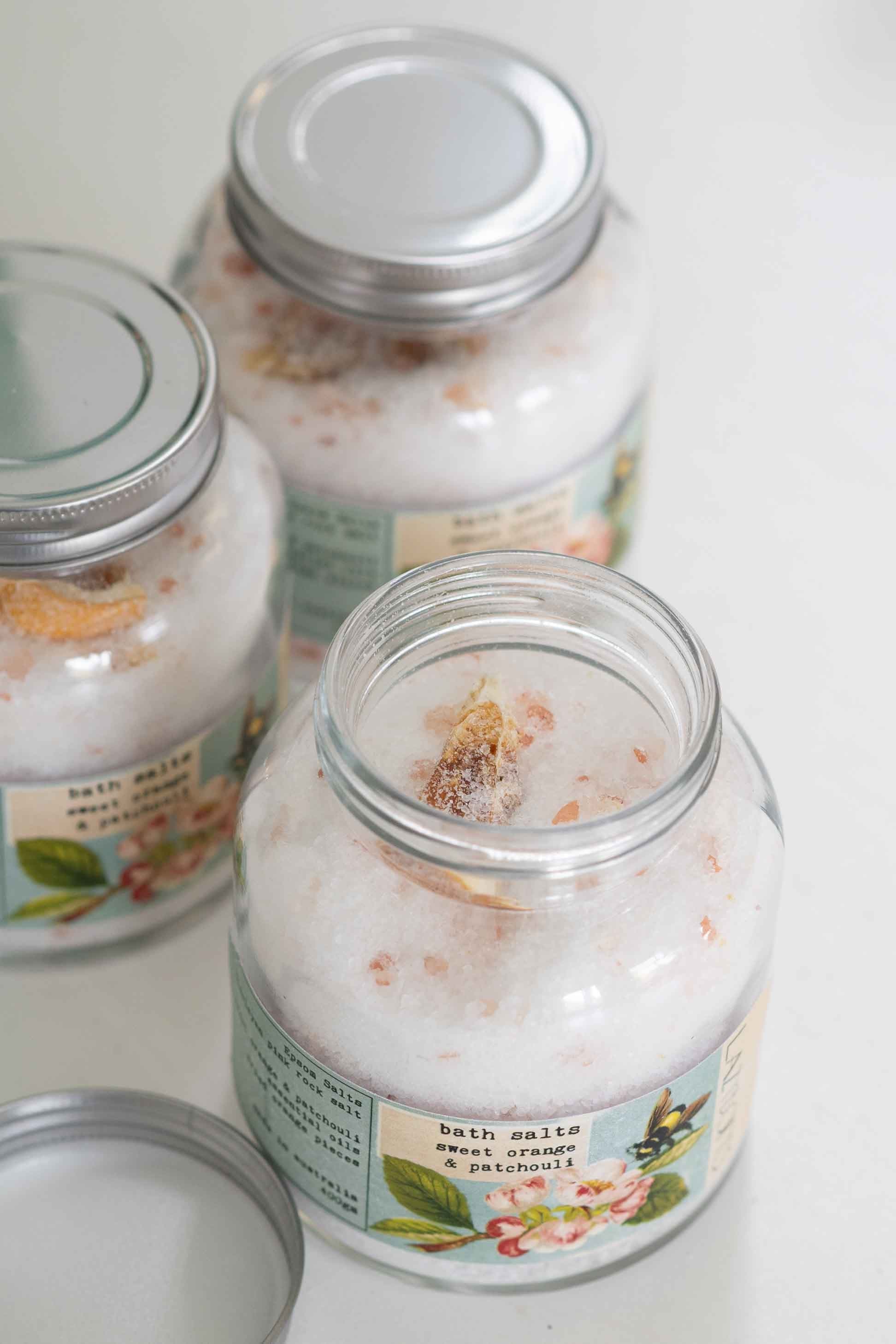 Sweet orange bath salts in jars