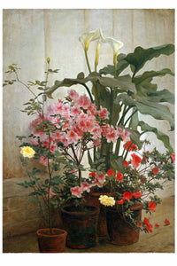 pink azaleas, white calla lilies, and red blooms.