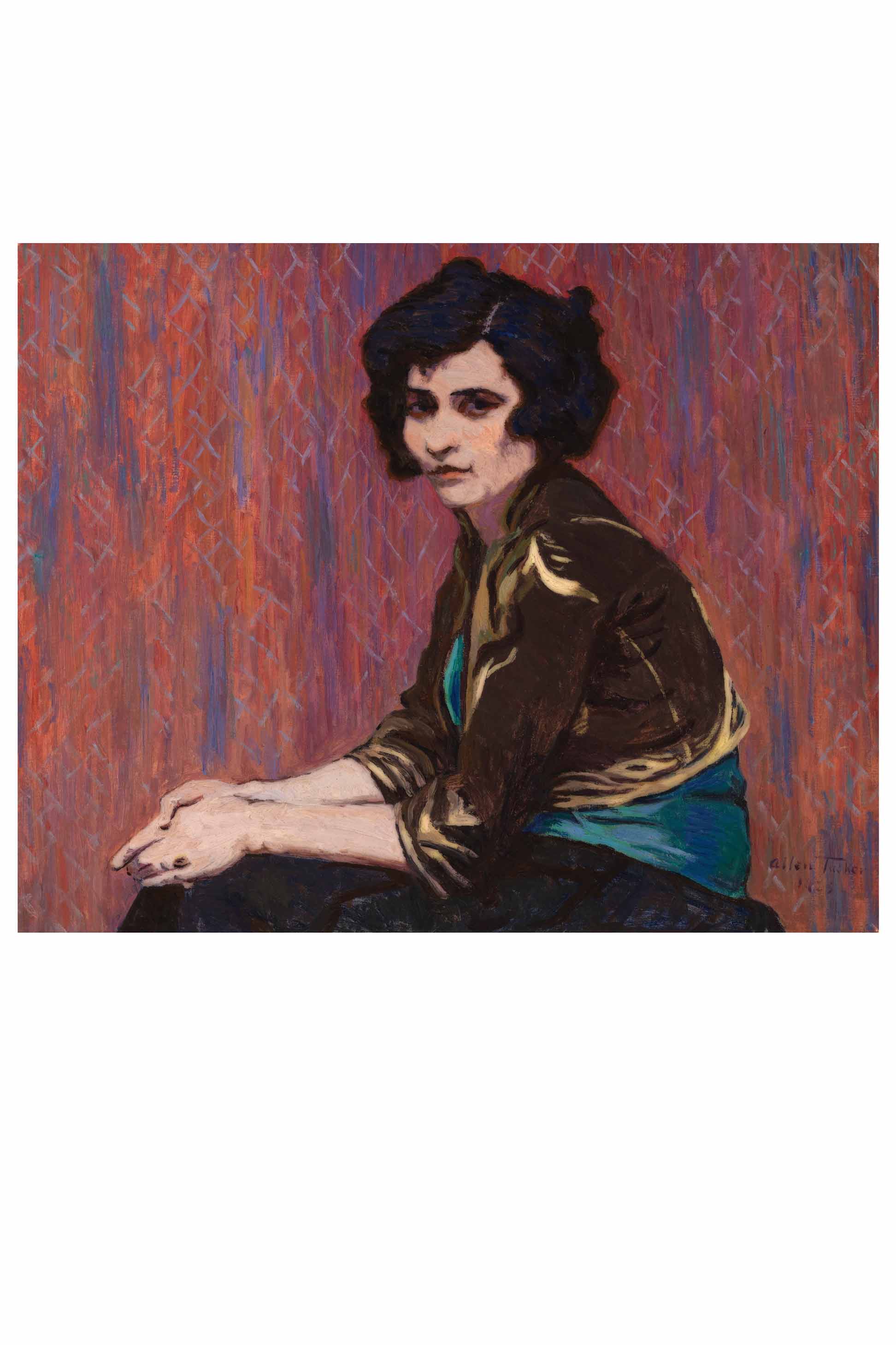 Painting of a woman with dark hair and a brown jacket.