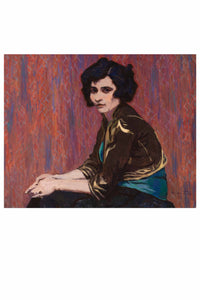 Painting of a woman with dark hair and a brown jacket.