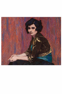 Painting of a woman with dark hair and a brown jacket.