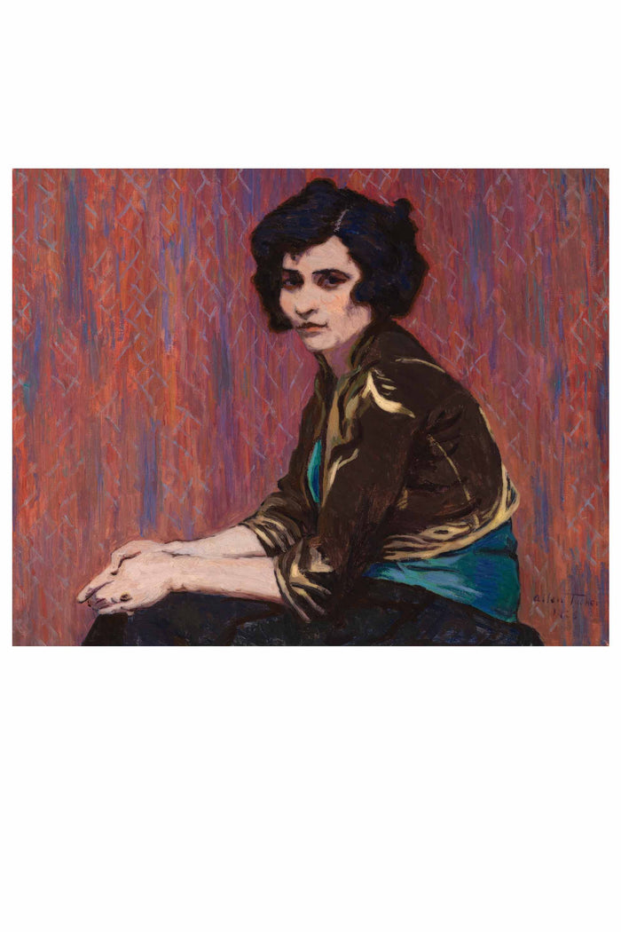 Painting of a woman with dark hair and a brown jacket.
