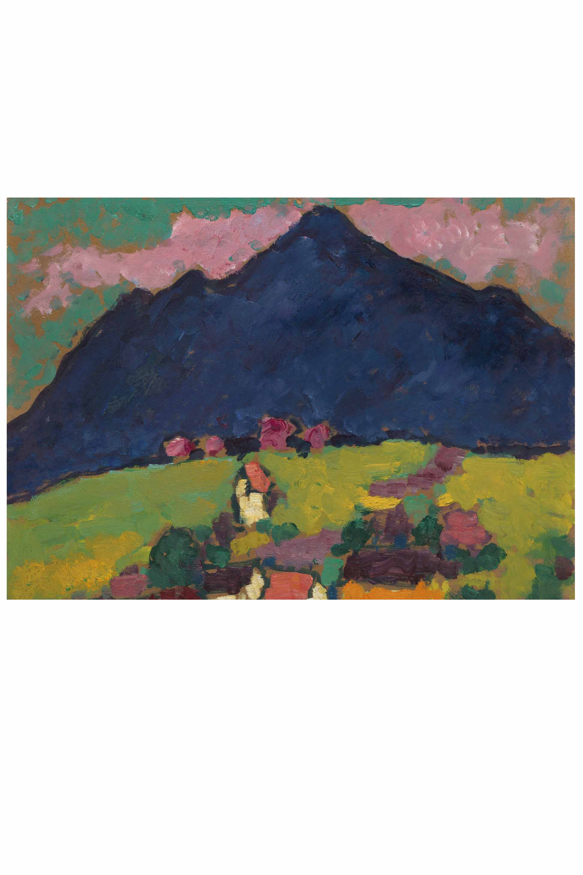 Painting of a mountain, green field, and small buildings.