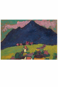 Painting of a mountain, green field, and small buildings.