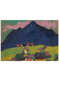 Painting of a mountain, green field, and small buildings.