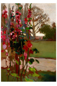 Red hollyhocks and a tree in a garden.