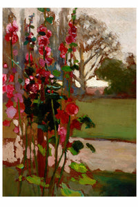 Red hollyhocks and a tree in a garden.