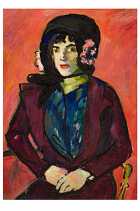 Painting of a woman in a hat and jacket.