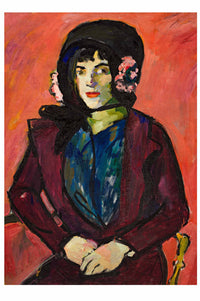 Painting of a woman in a hat and jacket.