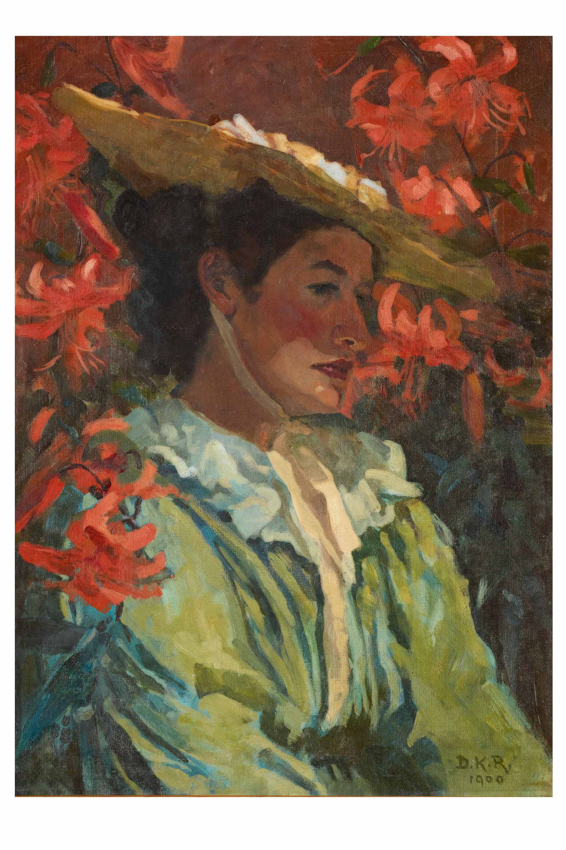 Painting of a woman in a hat and green dress, surrounded by red flowers.