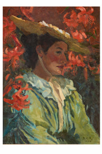 Painting of a woman in a hat and green dress, surrounded by red flowers.