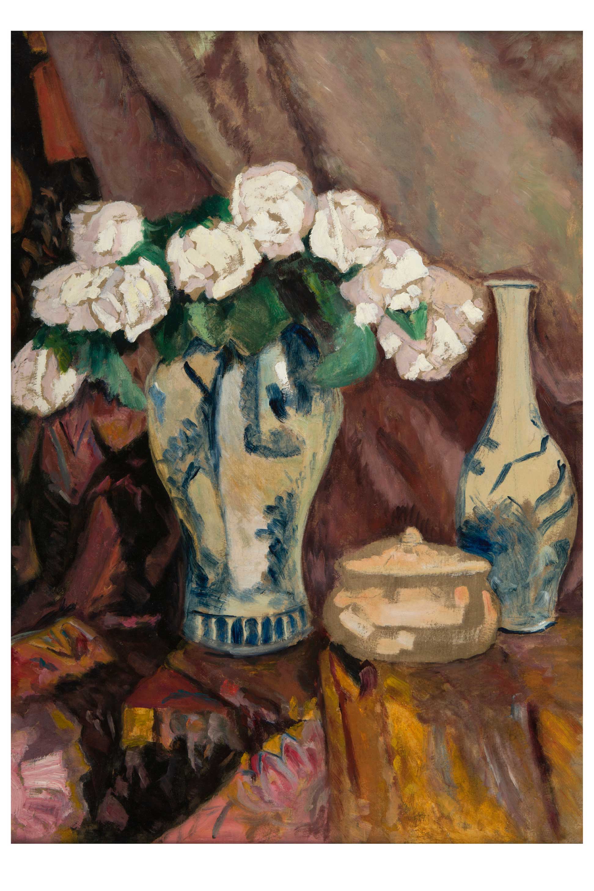 Still life painting of white flowers in vases.