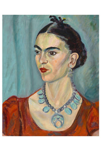 Painting of a woman with dark hair, red dress, and necklace.