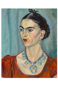Painting of a woman with dark hair, red dress, and necklace.