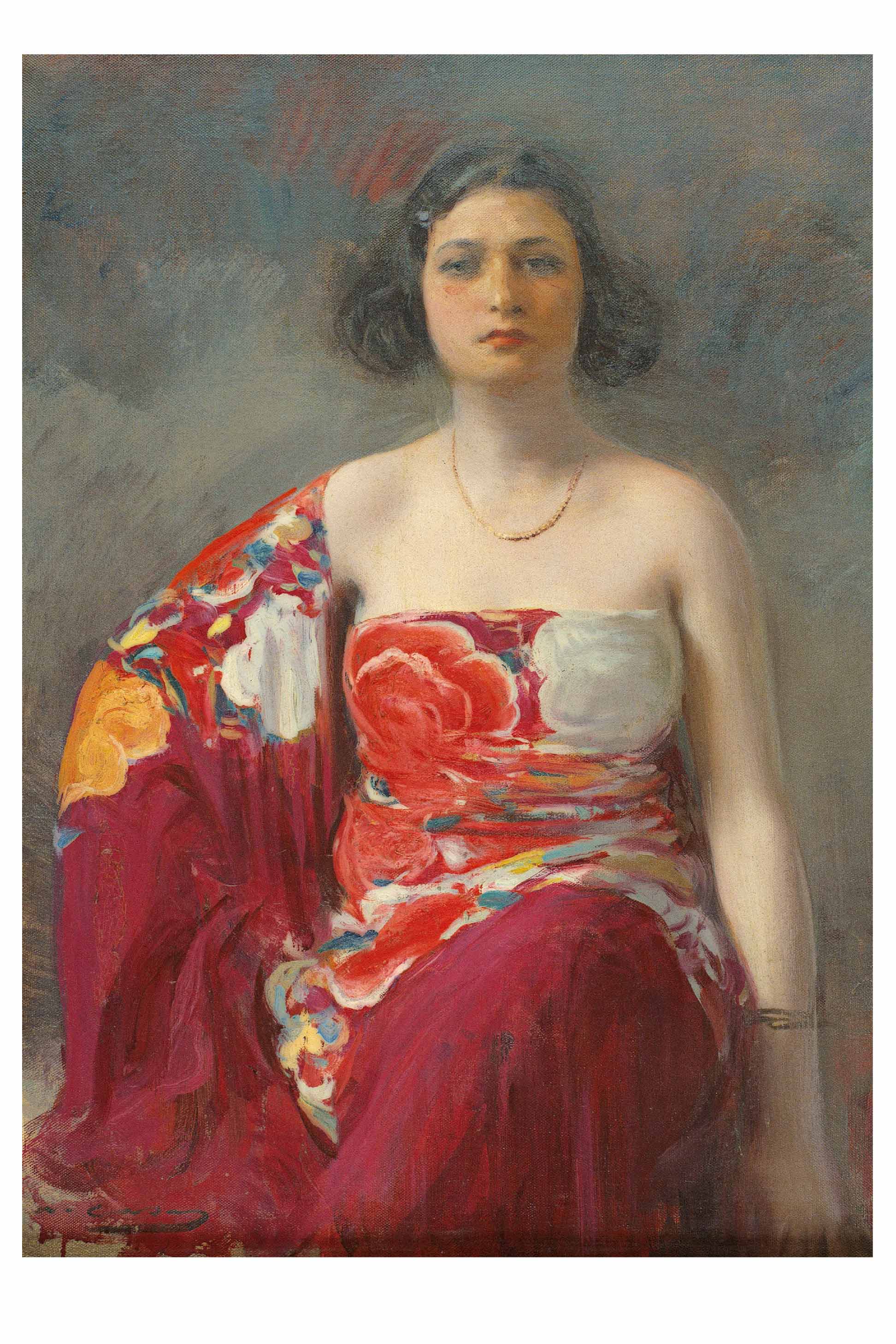 Woman in a red floral dress, portrait.