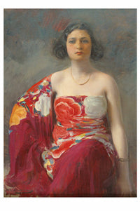 Woman in a red floral dress, portrait.