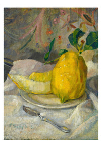 Painting of a lemon and slices on a plate with a knife.