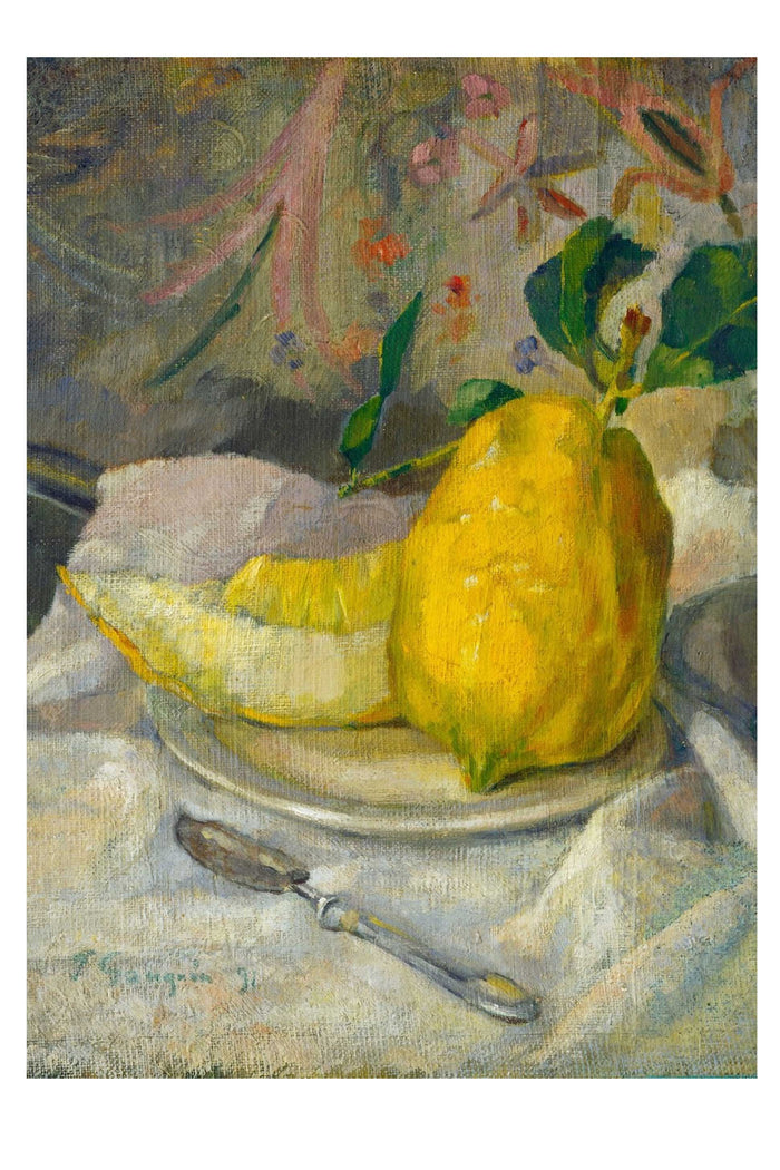 Painting of a lemon and slices on a plate with a knife.