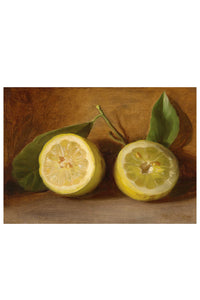 Two halved lemons with leaves.