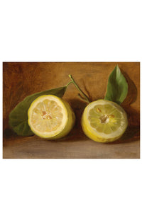 Two halved lemons with leaves.