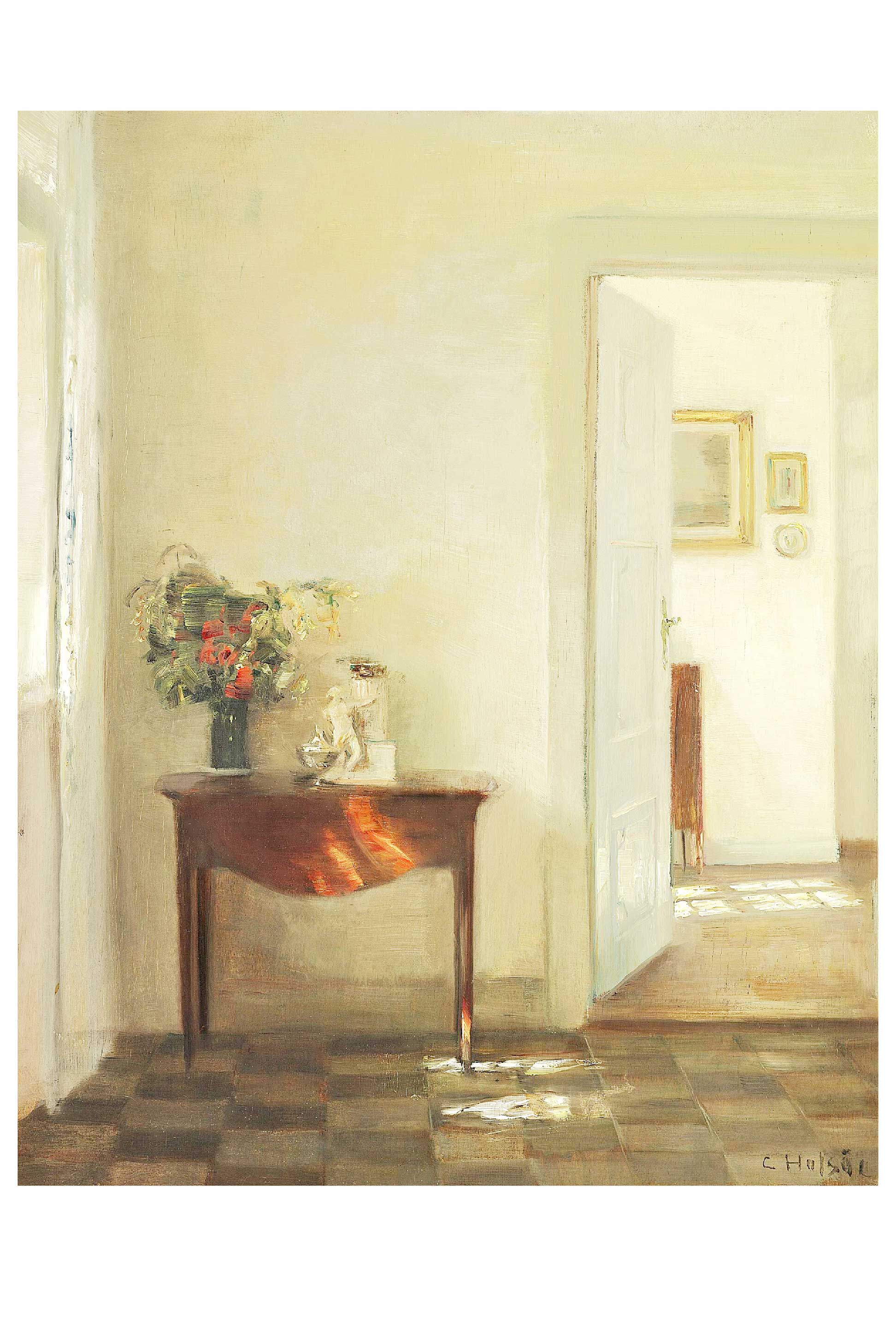 Table with flowers and open door.