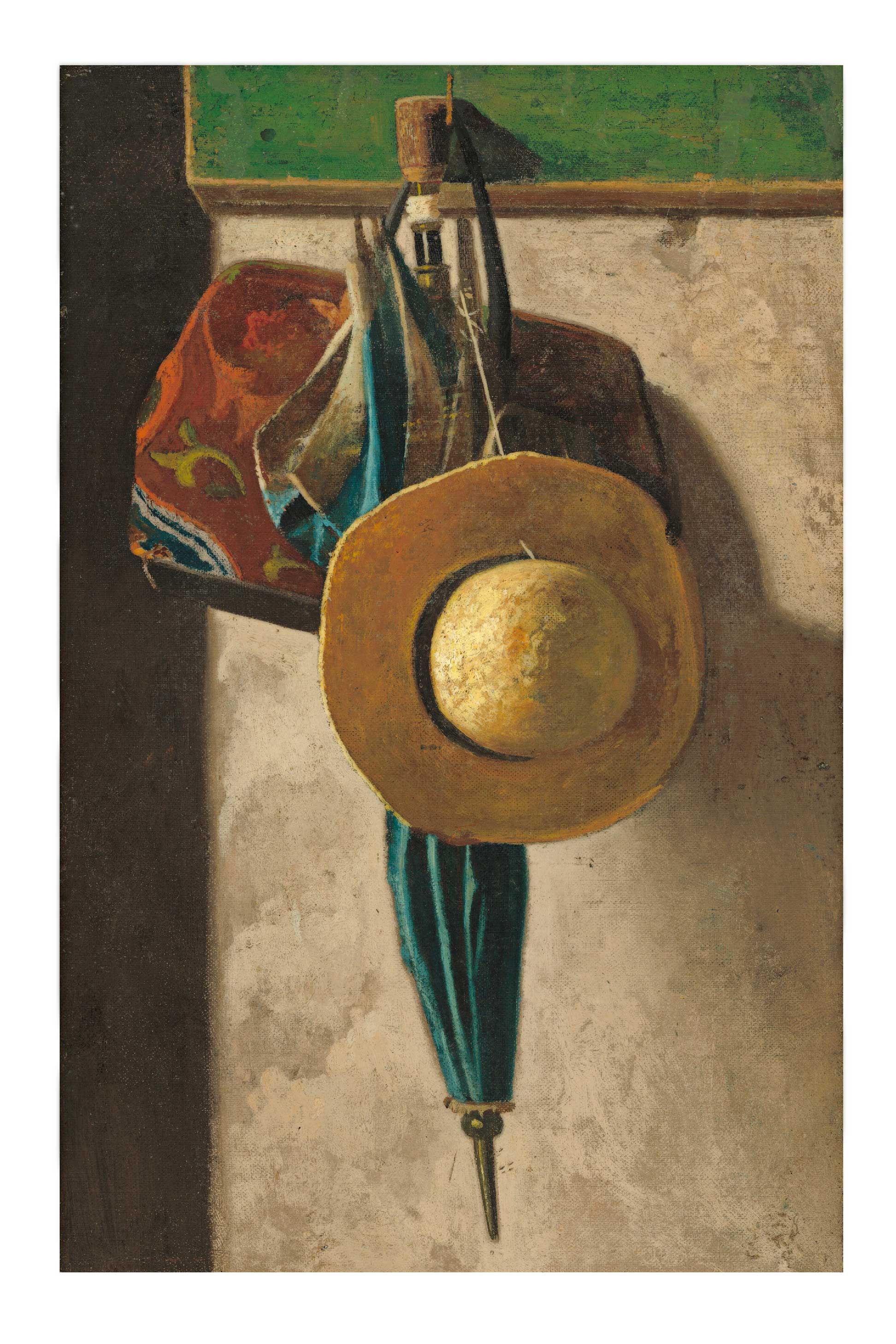 Hat, umbrella, and bag hanging on a wall.