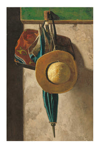 Hat, umbrella, and bag hanging on a wall.