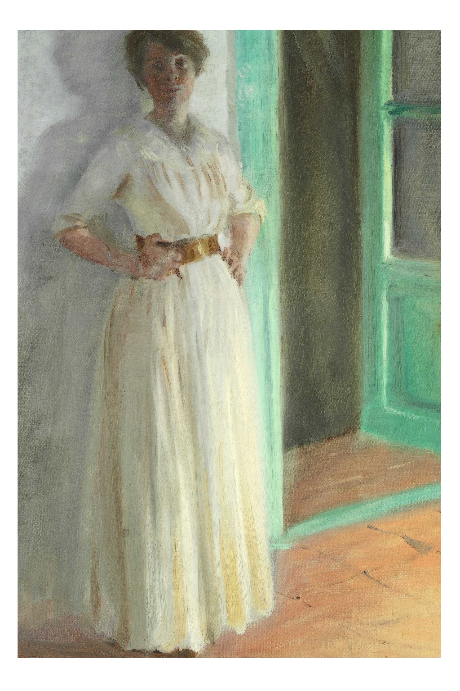Woman in white dress standing near a green door.
