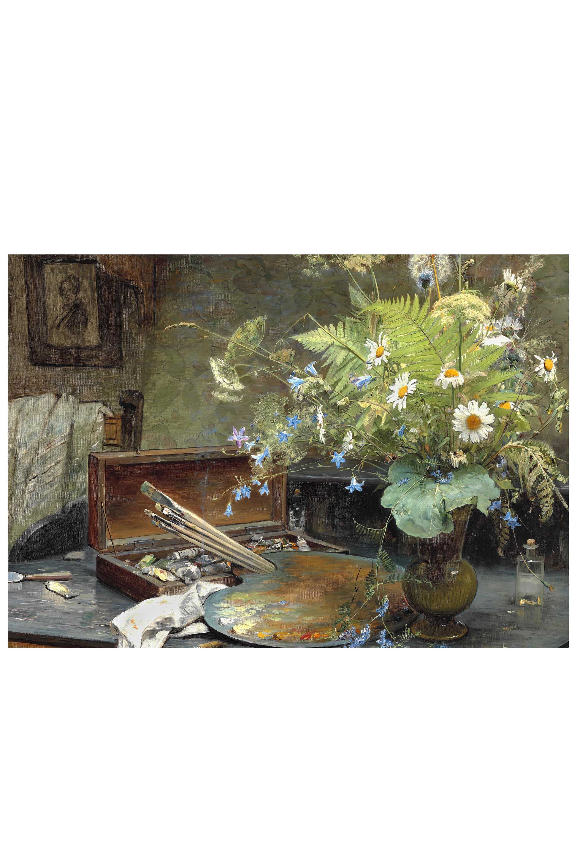 Still life painting of artist's tools and flowers.