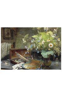 Still life painting of artist's tools and flowers.