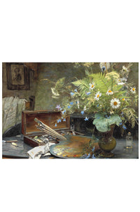Still life painting of artist's tools and flowers.