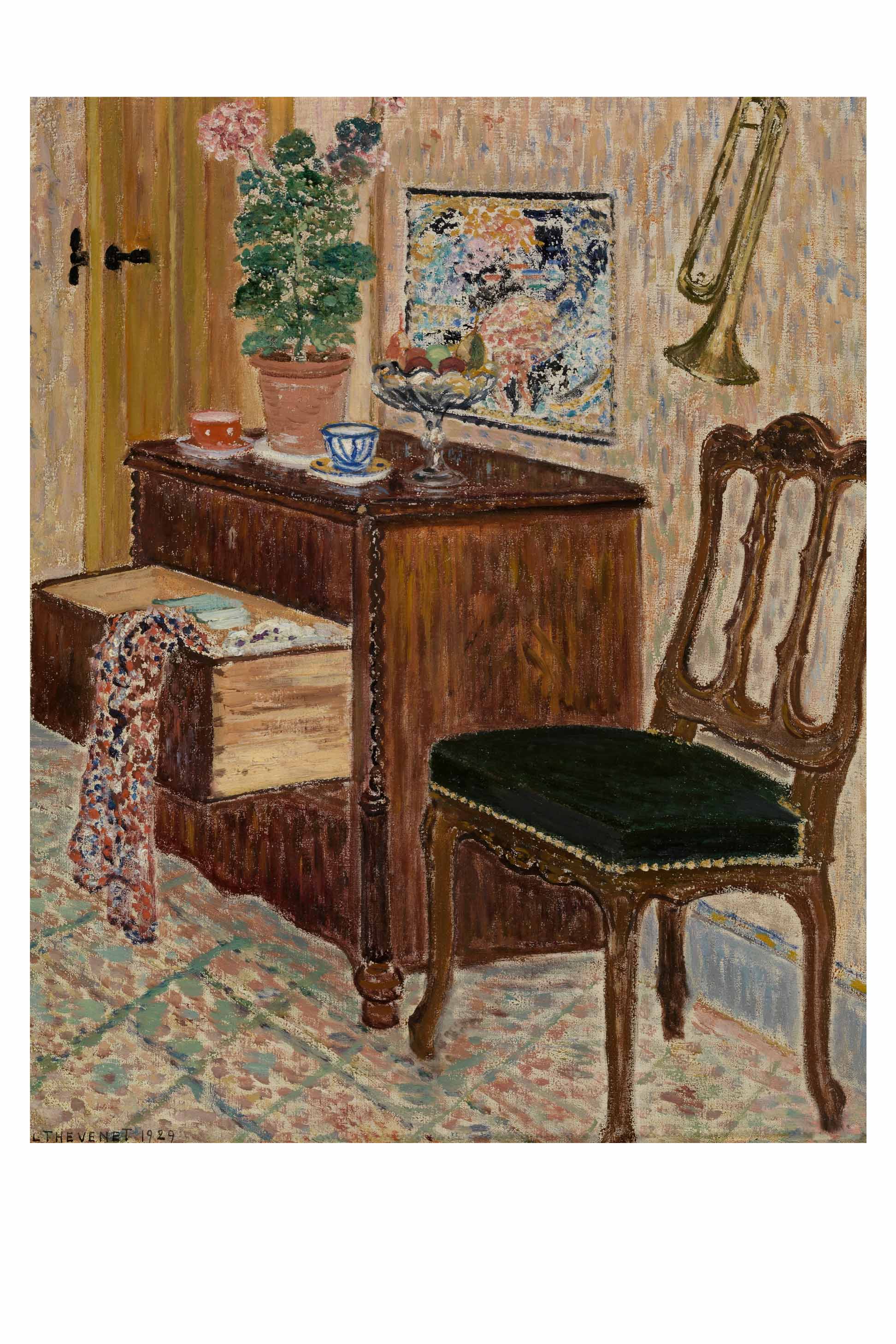 Art print of a detailed interior with furniture and a trumpet.