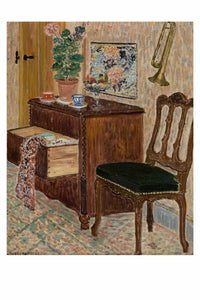 Art print of a detailed interior with furniture and a trumpet.