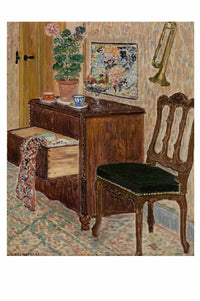 Art print of a detailed interior with furniture and a trumpet.