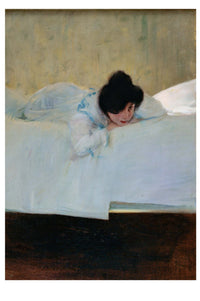 Art print of a woman in bed, depicting laziness.