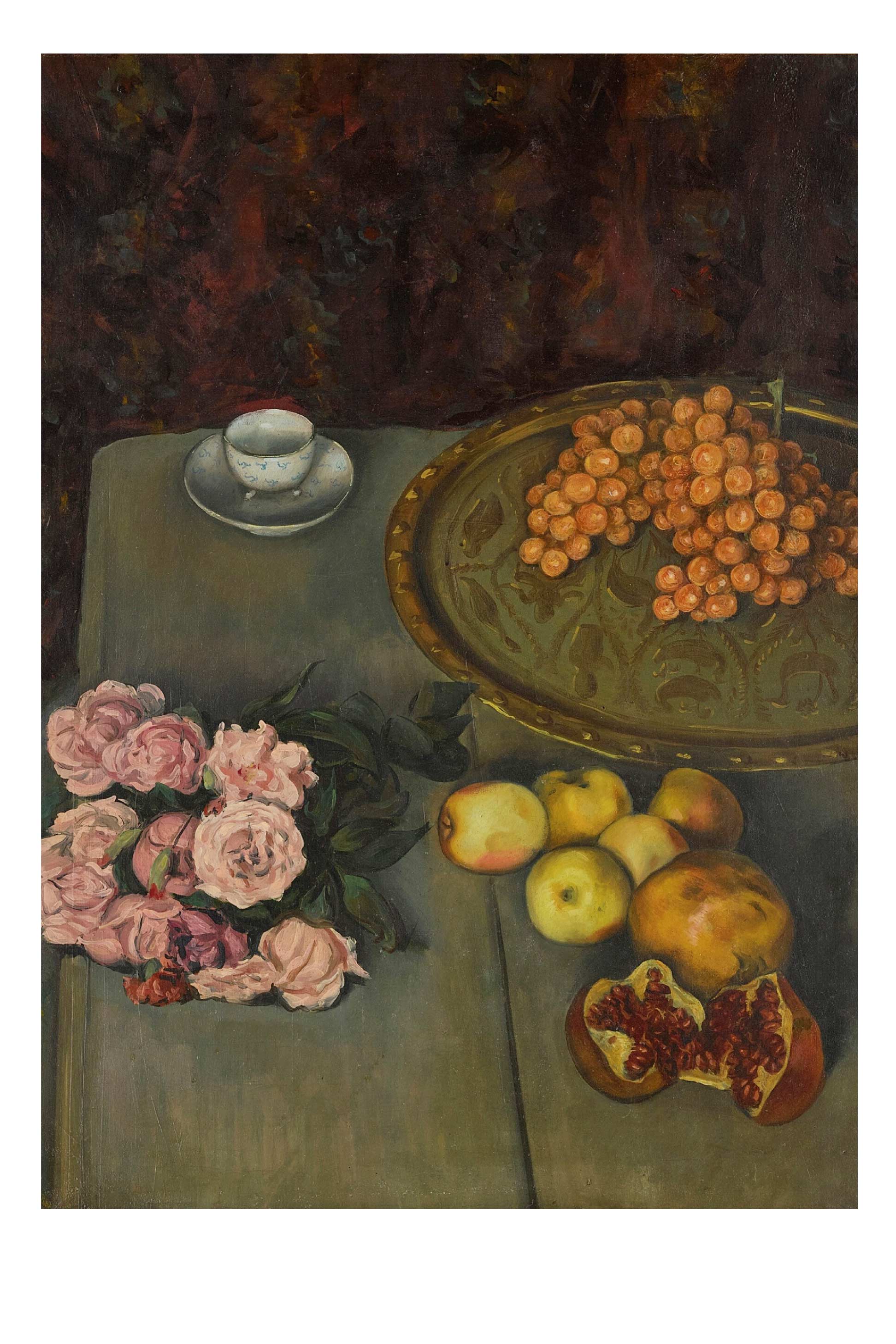 Art print of nature morte with roses, grapes, apples, and pomegranate.