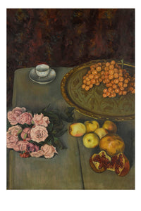 Art print of nature morte with roses, grapes, apples, and pomegranate.