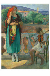 Woman on balcony with violinist, art print