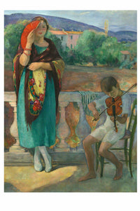 Woman on balcony with violinist, art print