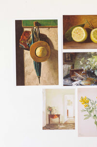 hat, umbrella, lemons, flowers, & interior
