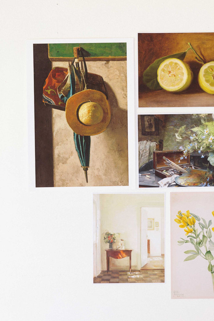 hat, umbrella, lemons, flowers, & interior