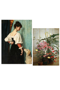 Woman with dog and floral still life