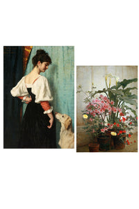 Woman with dog and floral still life