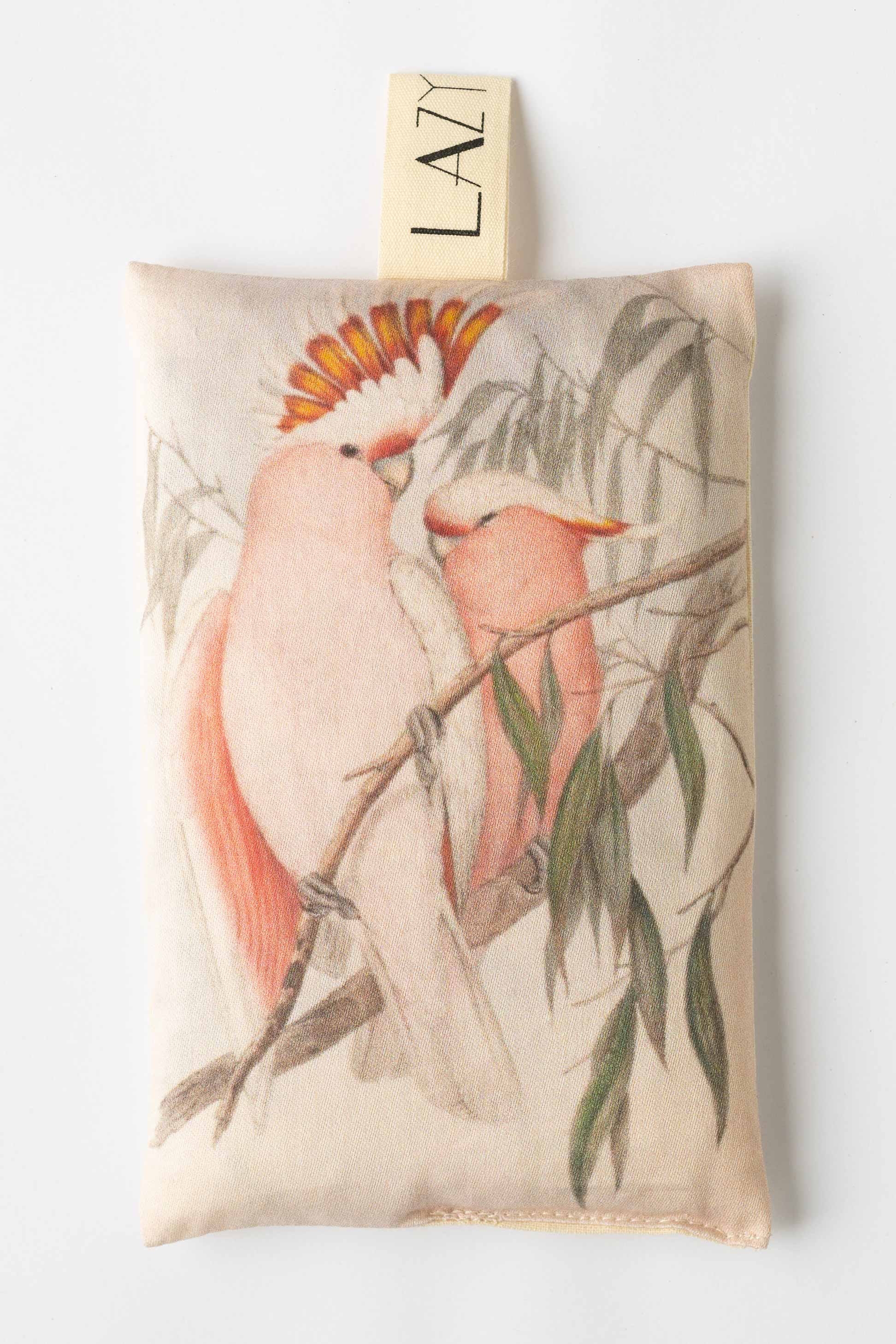 Pink cockatoo scented sachet with illustration, Lazy label