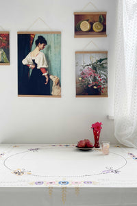 Vintage art prints on wall, woman & dog, flowers, lemons
